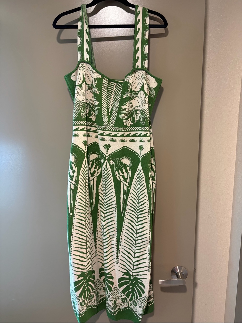 Farm Rio Macaw Sweater Green & Cream Tropical Knit Midi Dress - Picture 2 of 2